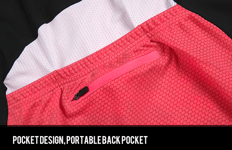 Close-up of pocket design on the stretch short sleeves cycling jersey, featuring a portable back pocket with a zipper closure.